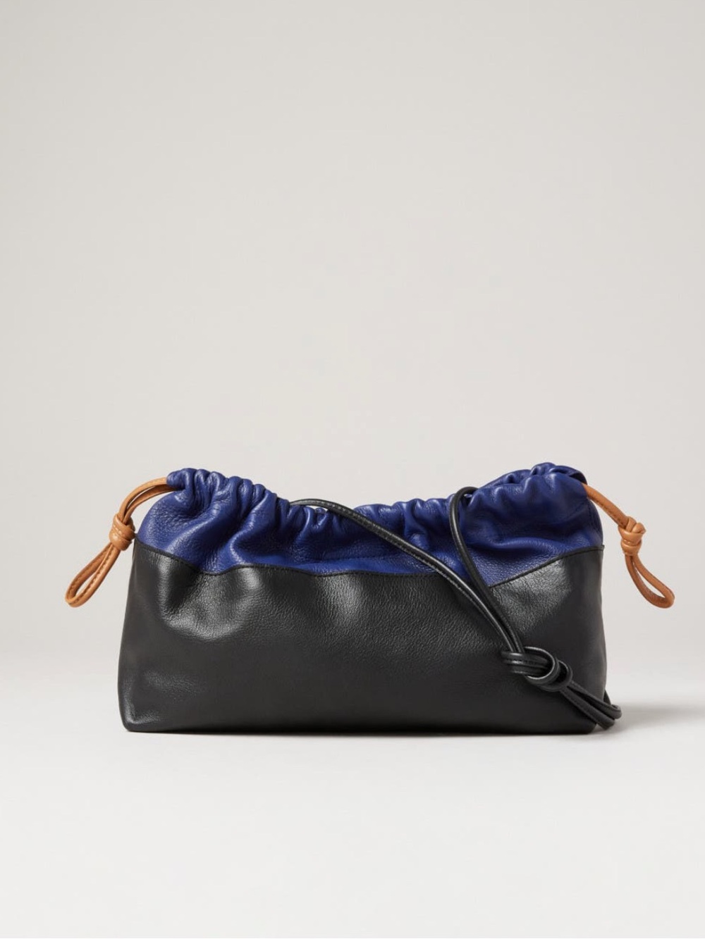 Soft 100% leather Black and Blue Drawstring Women's Clutch with Shoulder strap